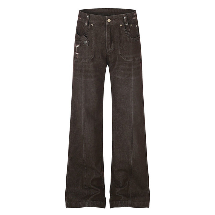 Damen Weite High‑Waist Denimhose mit geradem Bein und Utility‑Pattentaschen Echoarchiv