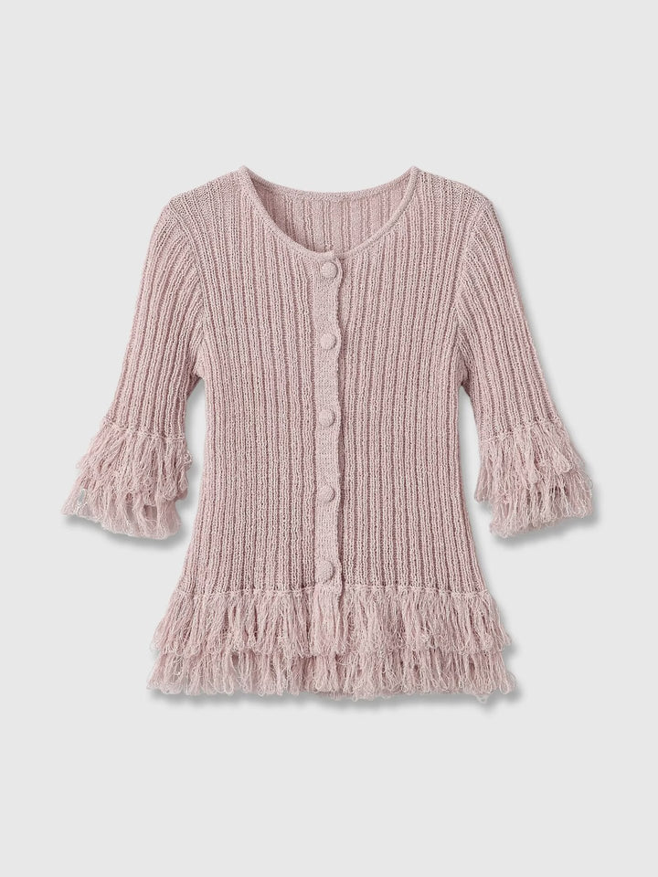 Damen Feinstrick-Cardigan mit Fransenstufen und dekorativen Kugelknöpfen Echoarchiv