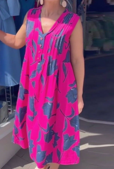 Damen nan lässiges V-Ausschnitt-Midikleid mit Brustpasse, senkrechten Falten und dekorativer Knopfleiste Echo Archiv