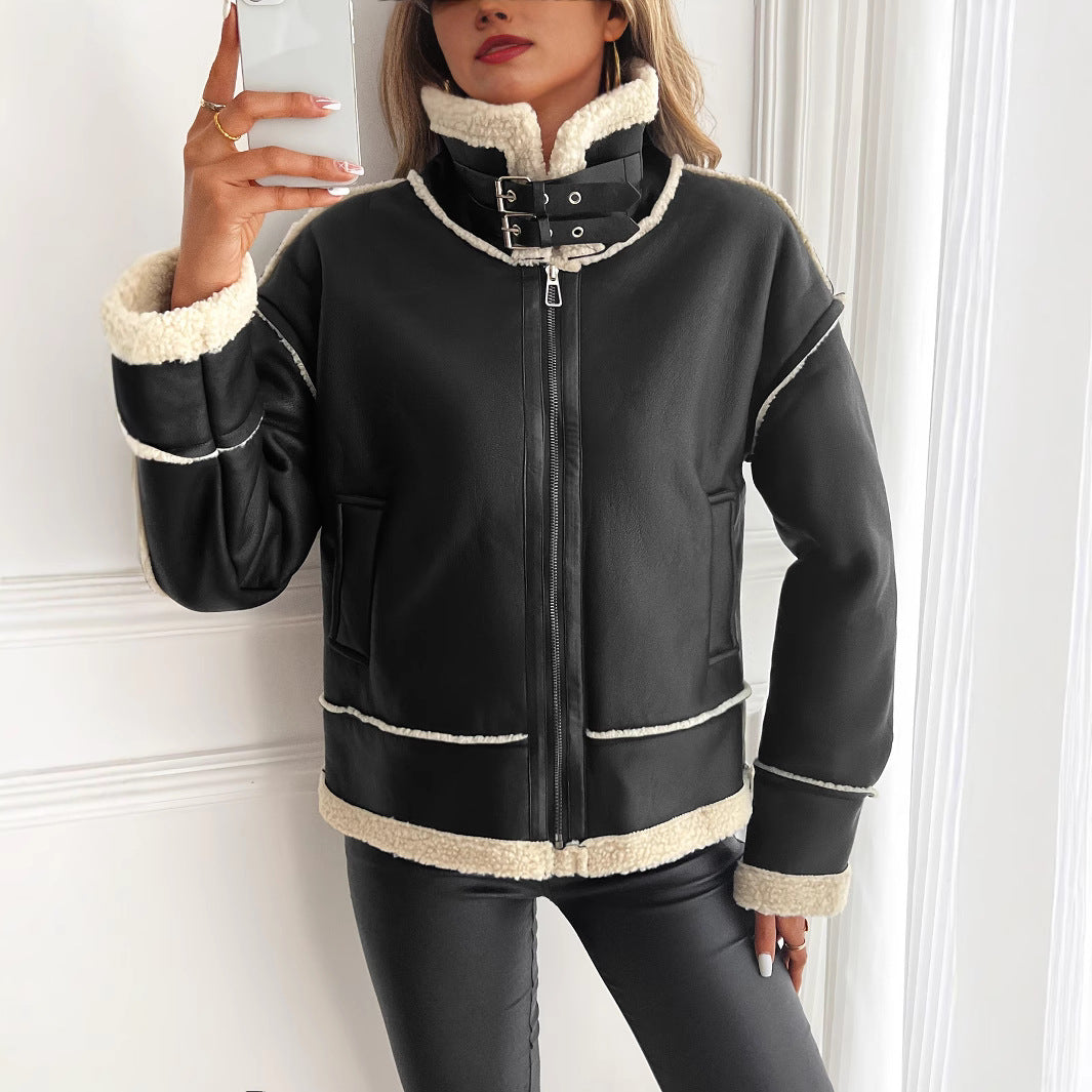 Damen Modische Kunstlederjacke mit Teddyfutter