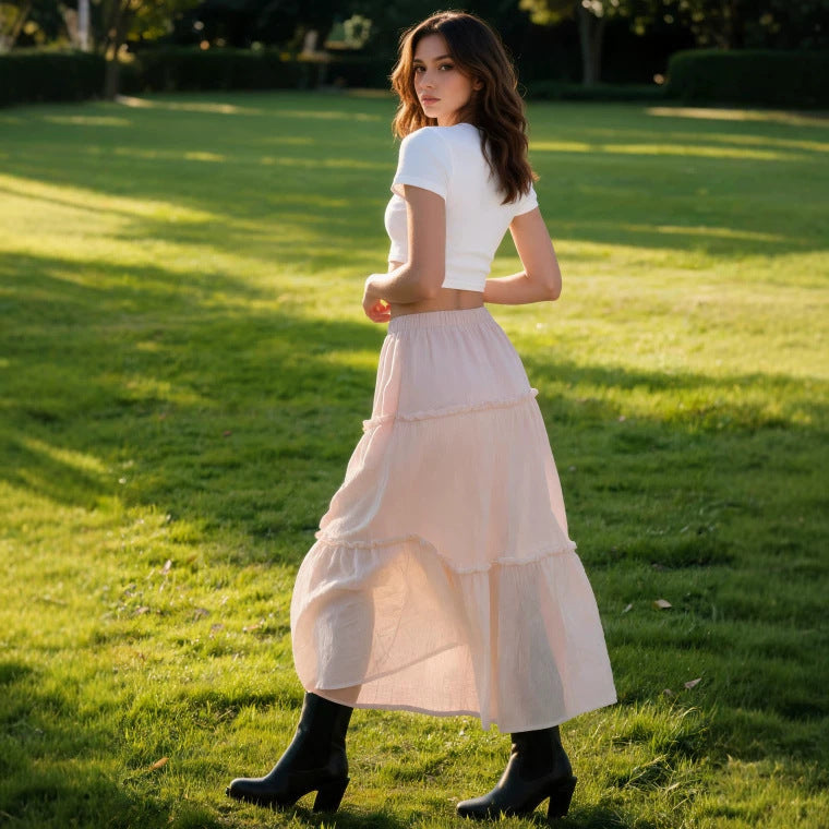 Damen Luftiger Stufenrock mit elastischem Bund und transparenter Chiffon‑Optik – Rosévia