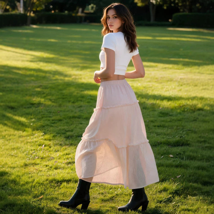 Damen Luftiger Stufenrock mit elastischem Bund und transparenter Chiffon‑Optik – Rosévia