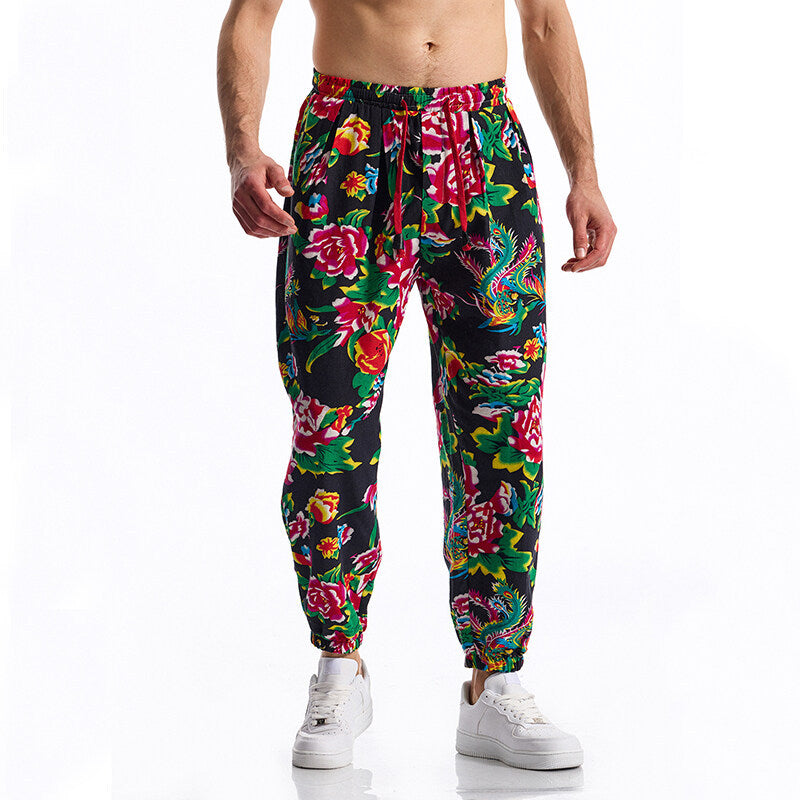 Herren lässige Freizeithose mit elastischem Bund und floralem Muster Echoarchiv