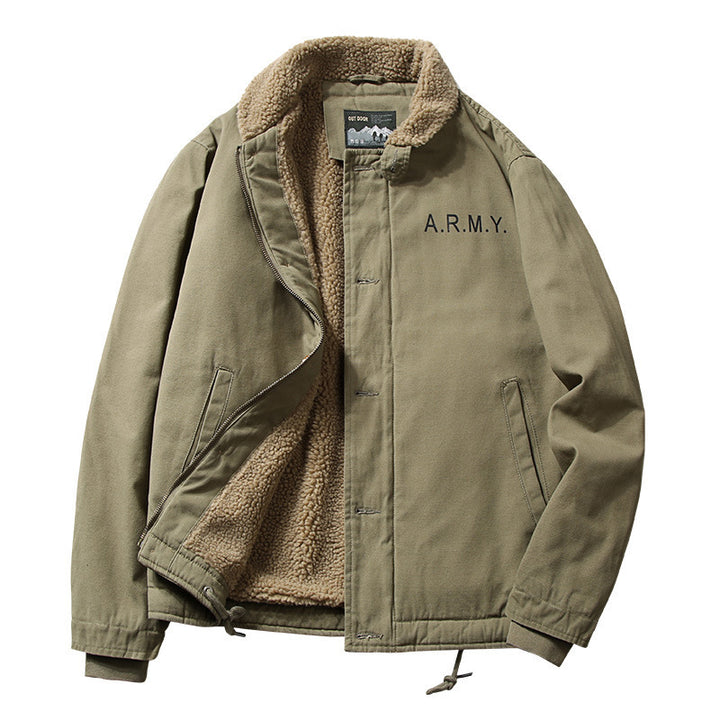 Herren Vintage-inspirierter Canvas-Fliegerblouson mit voluminösem Sherpa-Futter, zweifacher Frontöffnung und verstärkten Taschen Echoarchiv