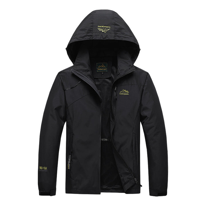 Herren atmungsaktive Softshell Trekkingjacke mit verstaubarem Kapuze, Mesh-Futter und multifunktionalen Reißverschlusstaschen – Taviero