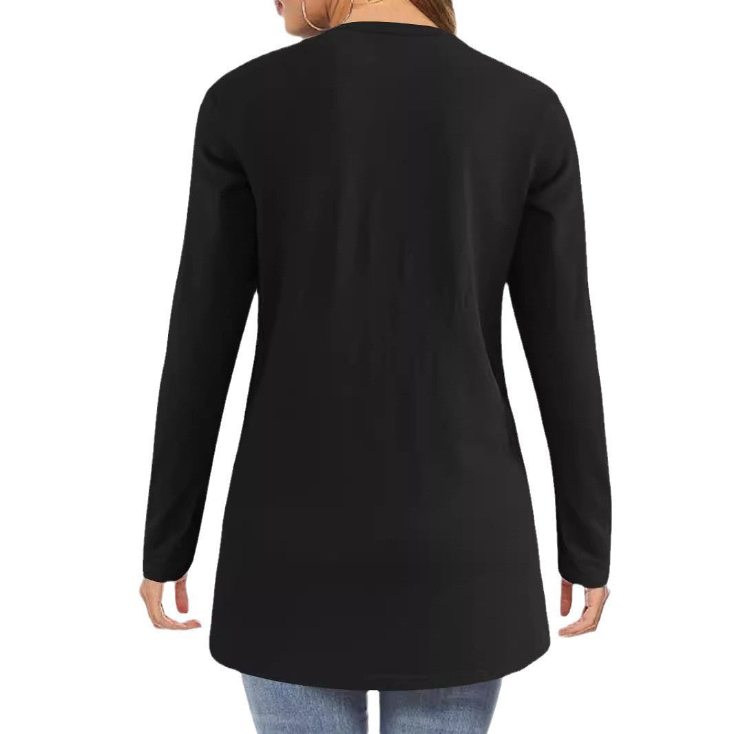 Damen Offene Longline-Cardigan mit aufgesetzten Taschen und schmalem Kragen – Veloura