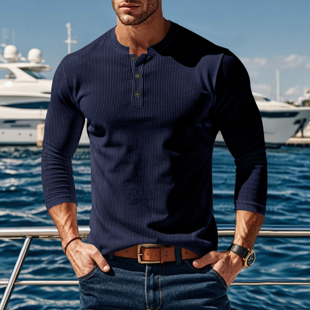 Herren Langarmshirt mit modischer Stehkragen und Knopfleiste Echoarchiv