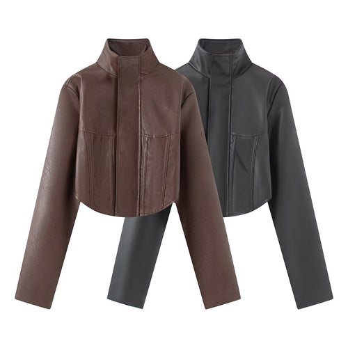 Damen Cropped Lederoptik‑Jacke mit taillierter Korsett‑Teilung und Stehkragen Echoarchiv
