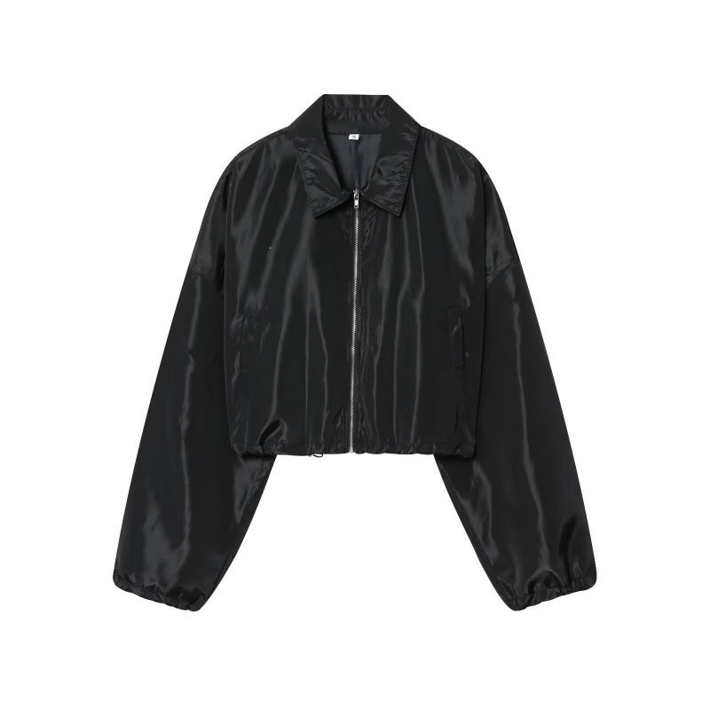 Damen Cropped Bomberjacke aus Satinoptik mit Reißverschluss und elastischem Saum Echo Archiv