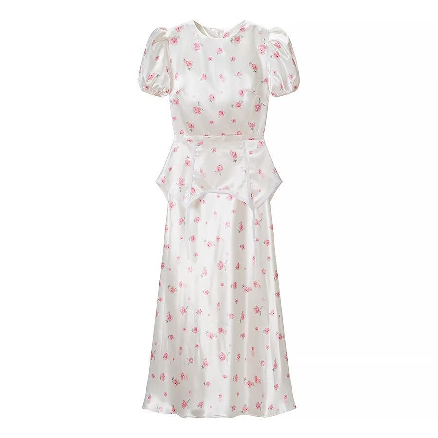 Damen Midikleid aus Satin mit Puffärmeln, integrierter Korsagen-Peplum und zartem Blumenprint Echo Archiv