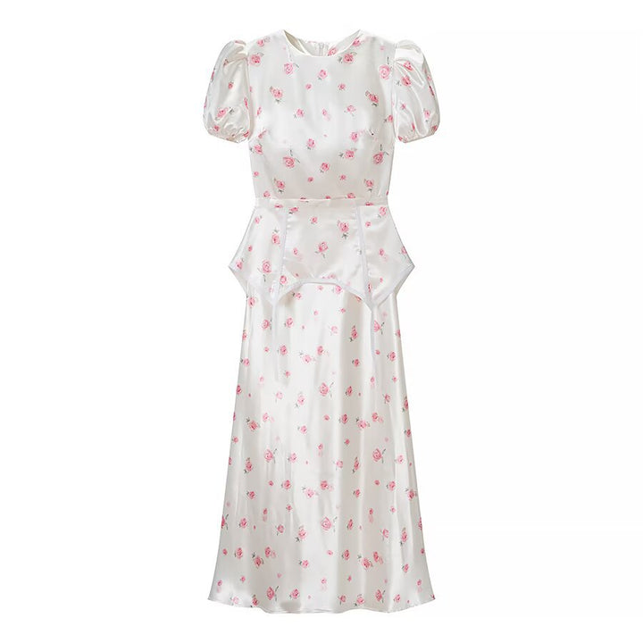 Damen Midikleid aus Satin mit Puffärmeln, integrierter Korsagen-Peplum und zartem Blumenprint Echo Archiv