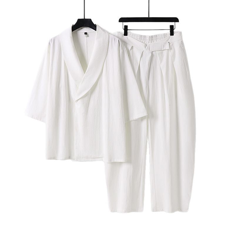 Damen Zweiteiliges Kimono-Loungewear-Set mit Schalkragen Kurzarm-Oberteil und hochtaillierter Plissee-Hose Echoarchiv