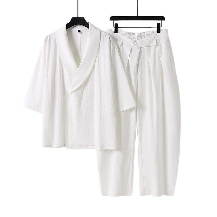 Damen Zweiteiliges Kimono-Loungewear-Set mit Schalkragen Kurzarm-Oberteil und hochtaillierter Plissee-Hose Echoarchiv