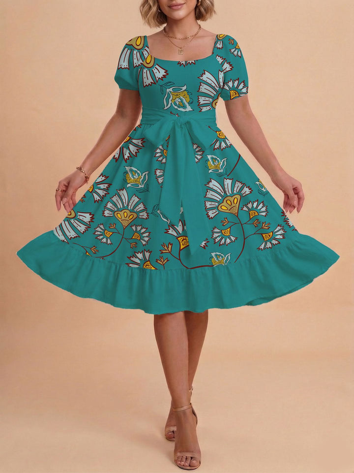 Damen Retro Maxikleid mit Puffärmeln und Taillengürtel Echo Archiv
