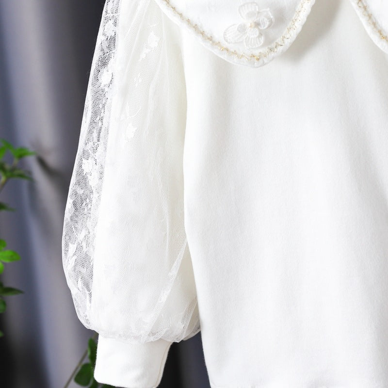 Damen Bluse mit dekorativen Blumenapplikationen und transparenten Puffärmeln Echo Archiv