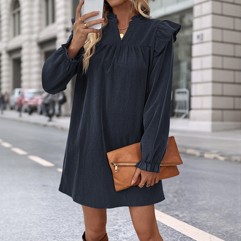 Damen Rüschen-A-Linien Kleid mit geraffter Brust und V-Ausschnitt – Élara