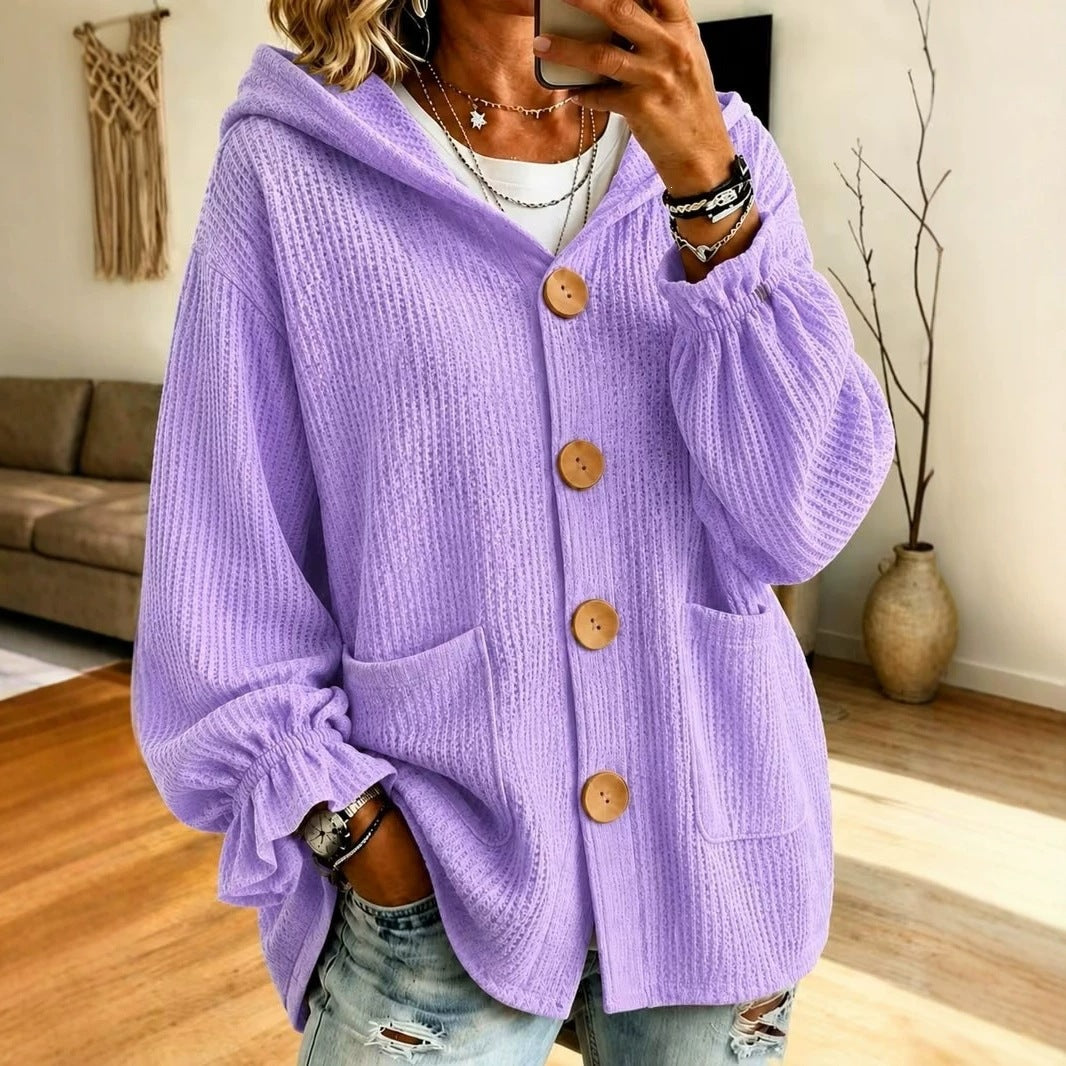 Damen Oversize Kapuzen-Strickjacke mit Waffelstruktur und Holzknöpfen Echo Archiv