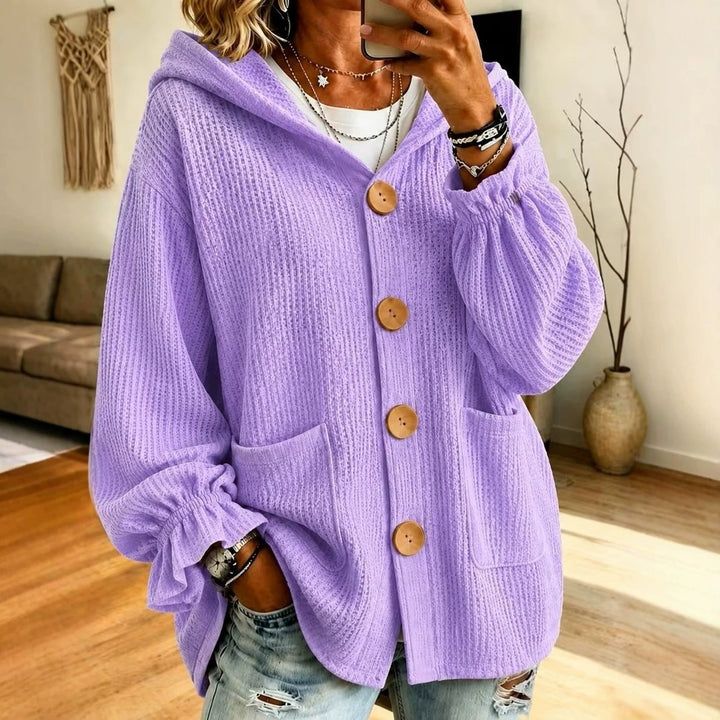 Damen Oversize Kapuzen-Strickjacke mit Waffelstruktur und Holzknöpfen Echo Archiv