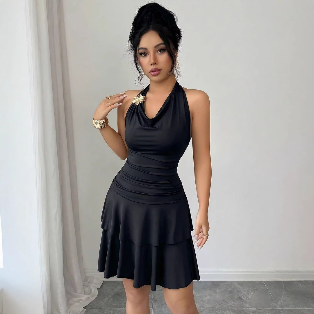 Damen nan Halter-Midikleid mit Wasserfall-Ausschnitt, taillierter Raffung und stufenweisem Volantrock Echo Archiv