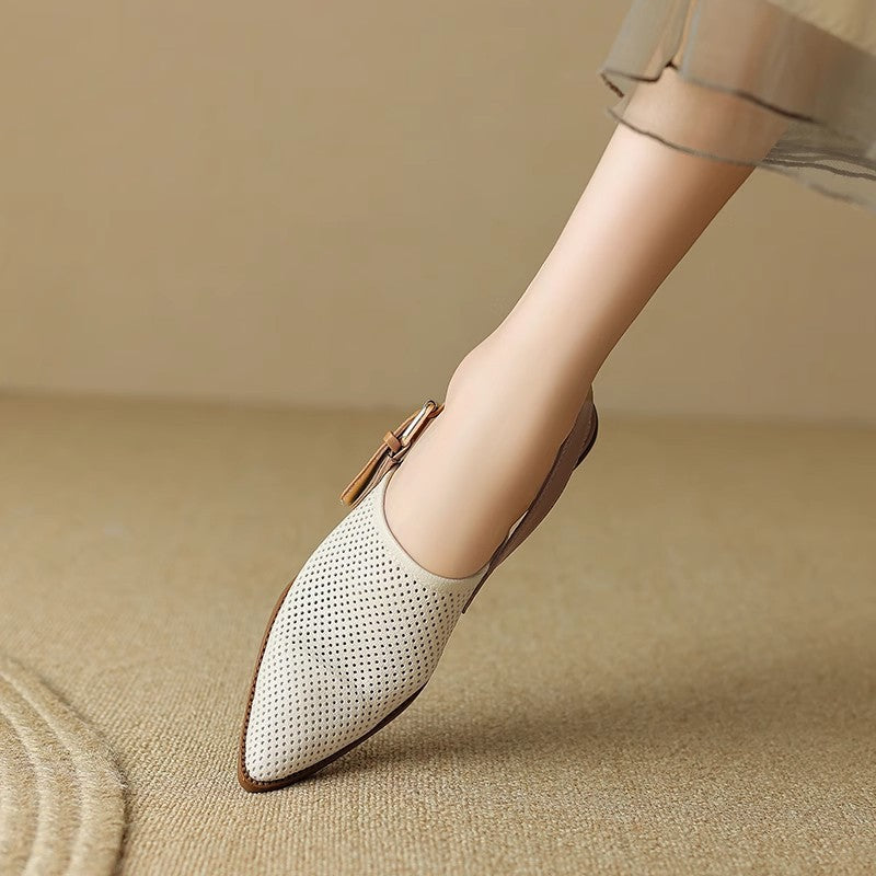Damen Spitz zulaufende Slipper mit Fersenriemen, perforiertem Obermaterial und bequemem Blockabsatz – Lioré