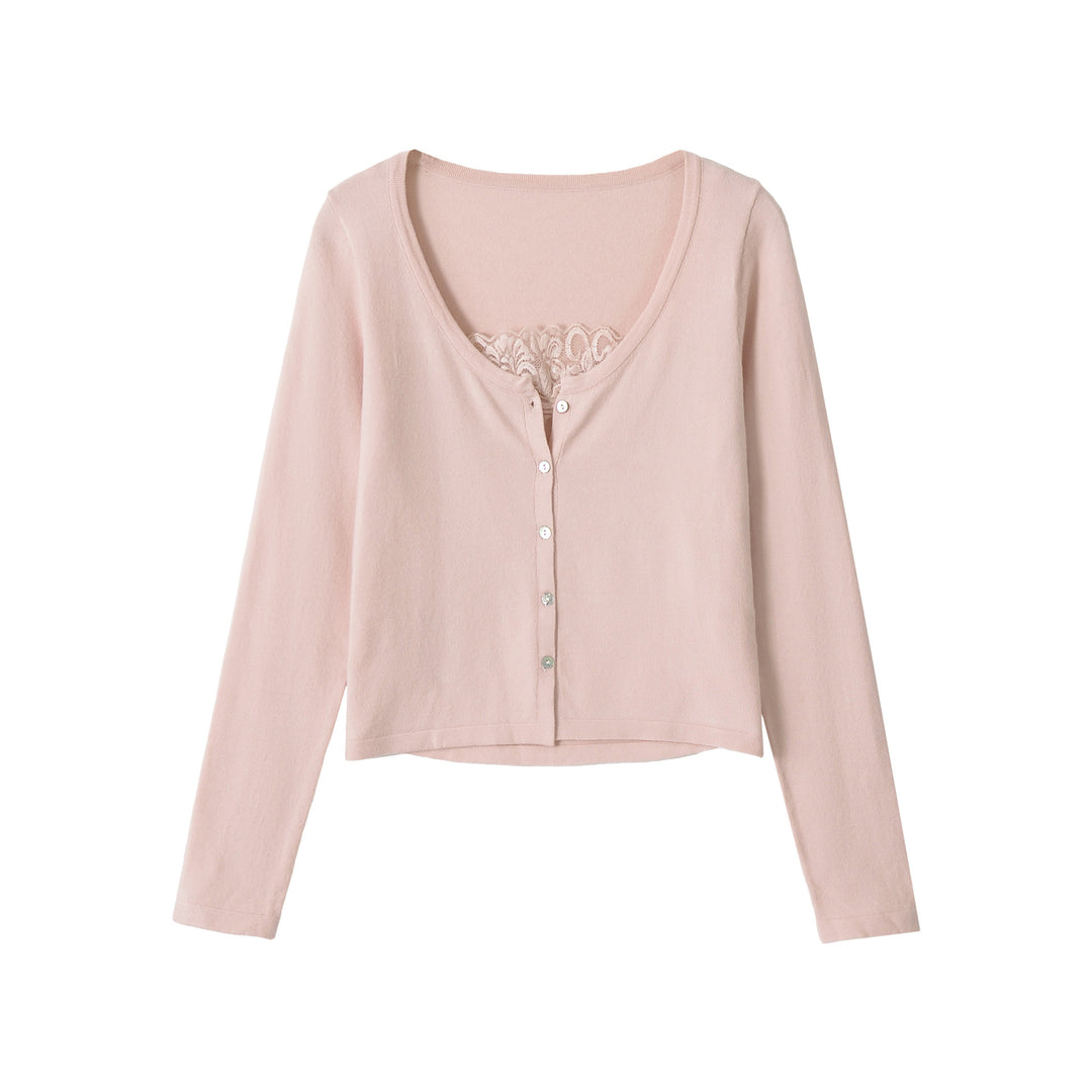 Damen Feiner Cropped-Cardigan mit Spitzen-Einsatz und Knopfleiste Echoarchiv