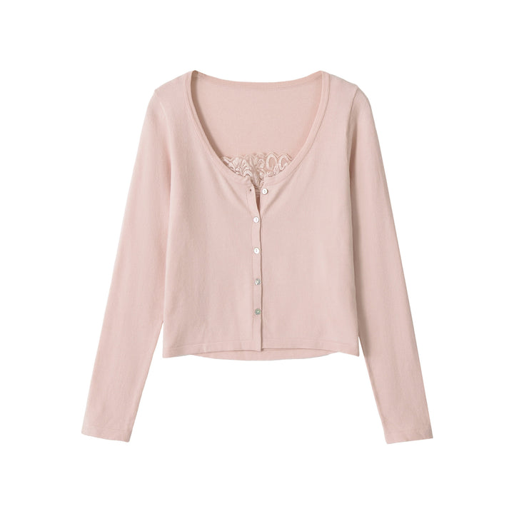 Damen Feiner Cropped-Cardigan mit Spitzen-Einsatz und Knopfleiste Echoarchiv