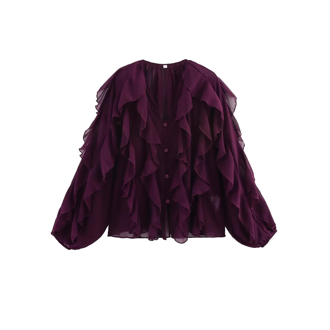 Damen transparente Chiffonbluse mit mehrlagigen Volants, weiten Ballonärmeln und durchgehender Knopfleiste – Élovi