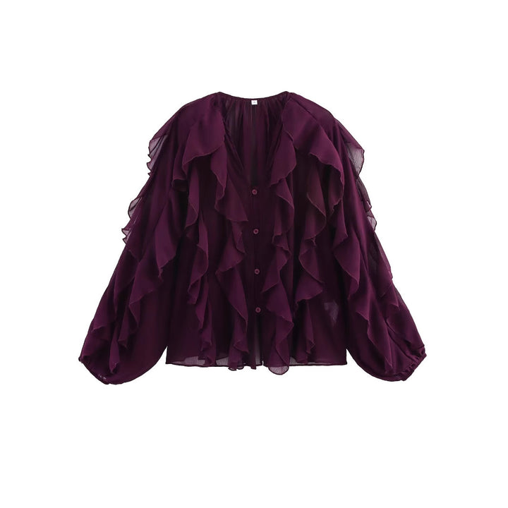 Damen transparente Chiffonbluse mit mehrlagigen Volants, weiten Ballonärmeln und durchgehender Knopfleiste – Élovi