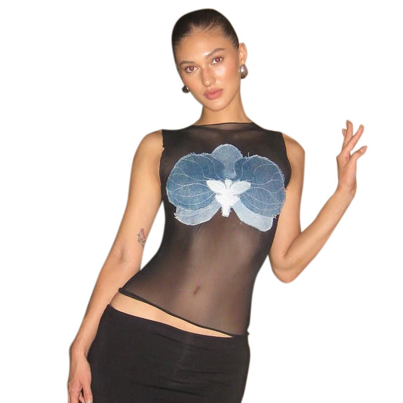 Damen Sexy Crop-Top mit transparentem Stoff und floralem Denim Design Echo Archiv