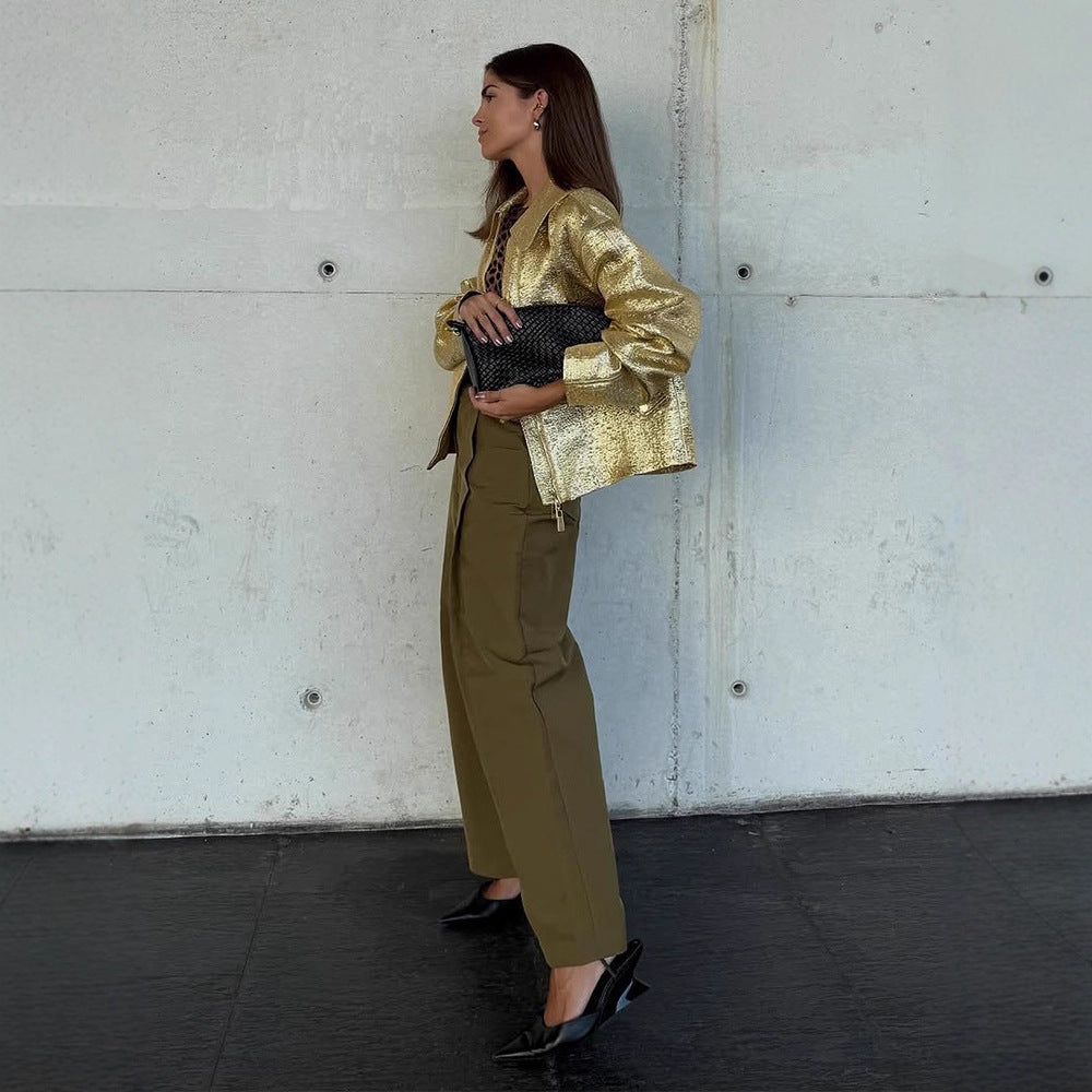 Damen Kurze strukturierte Metallic-Bomberjacke mit Boxy‑Silhouette Echoarchiv