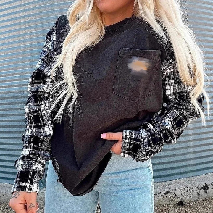 Damen nan Oversize-Sweatshirt im Materialmix mit Karoärmeln und aufgesetzter Brusttasche Echo Archiv