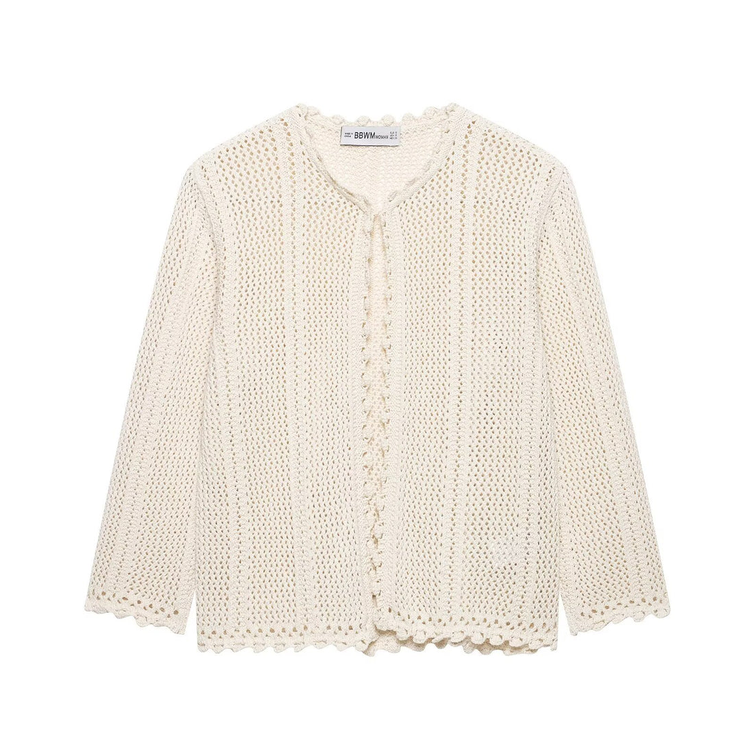 Damen Gehäkelte Kurzstrickjacke mit Scallop-Kante und Ajour‑Lochmuster Echoarchiv