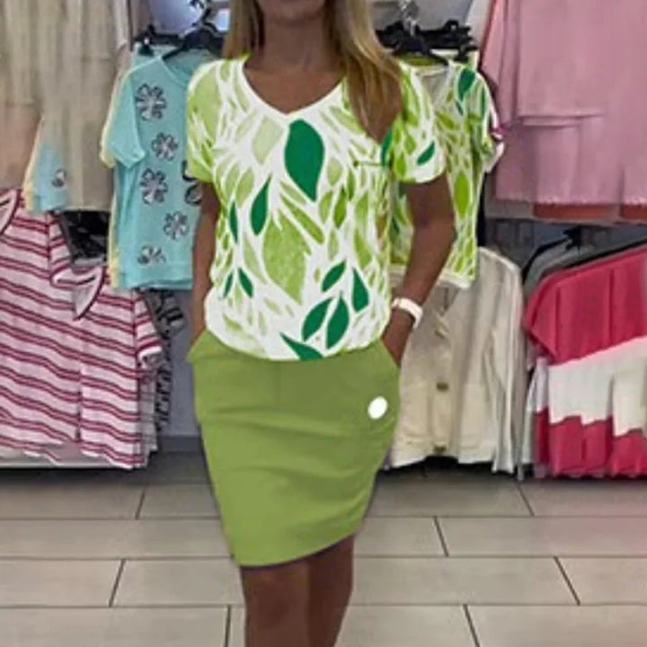 Damen nan lässiger Jersey-Zweiteiler mit bedrucktem V-Ausschnitt-Shirt und knielangem Bleistiftrock mit Eingrifftaschen Echo Archiv