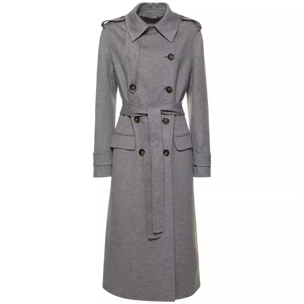 Damen Midilanger Taillierter Doppelreiher‑Trenchcoat aus Wollmix mit ausgestelltem Saum Echoarchiv
