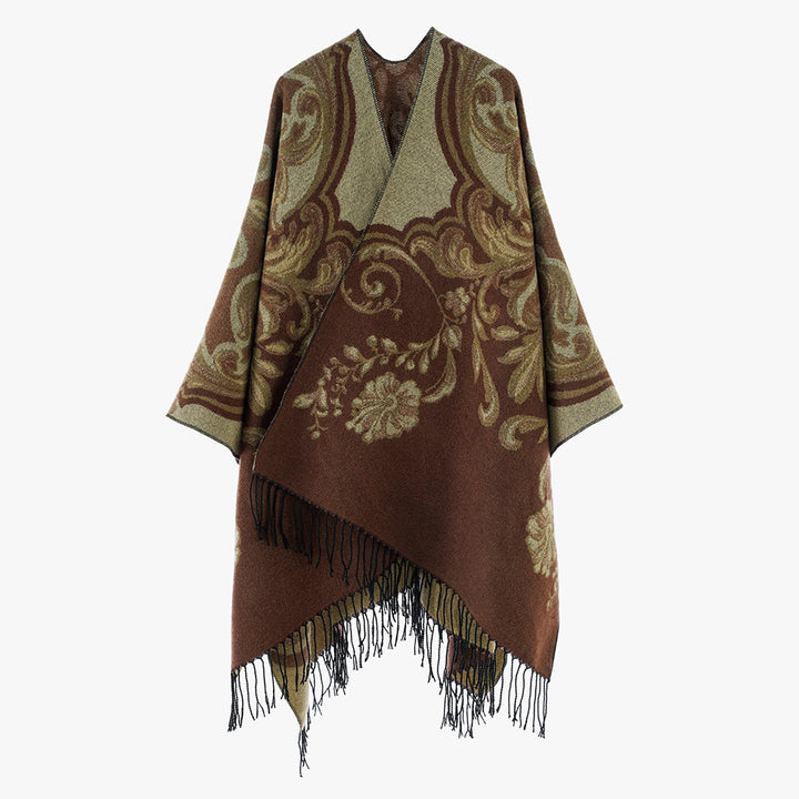Damen Barock‑Jacquard Cape mit asymmetrischem Zipfelsaum und Fransen – Avérine