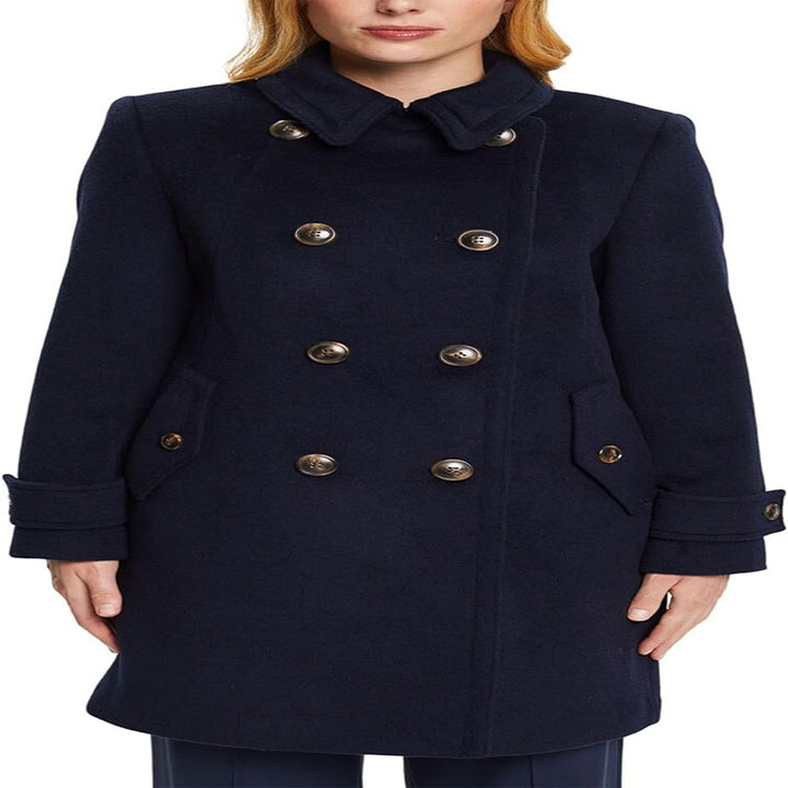 Damen Midilanger Doppelreihiger Marineinspirierter Wollmix-Peacoat mit Pattentaschen Echoarchiv