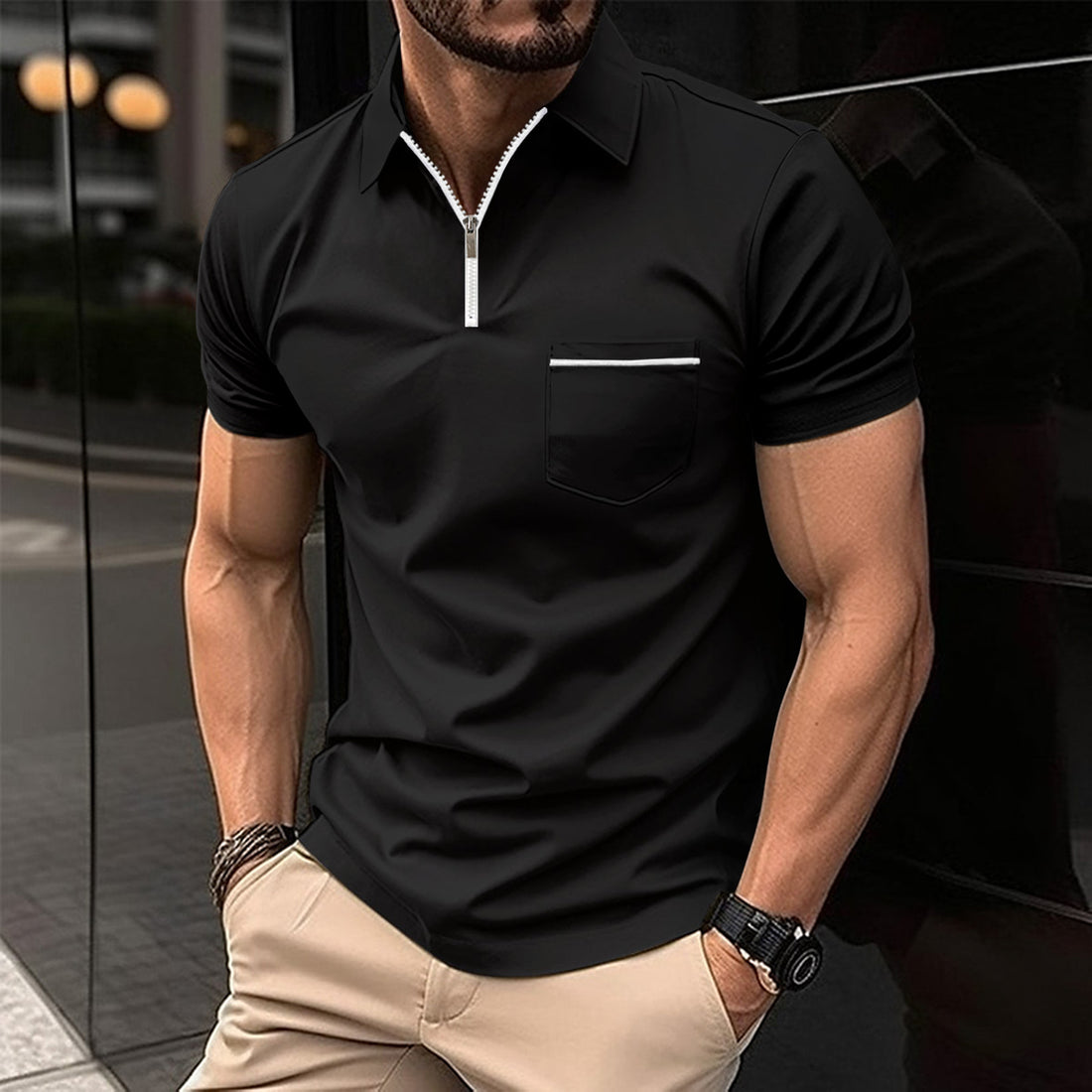 Herren Kurzarm Poloshirt mit Reißverschluss und Brusttasche – Cavello