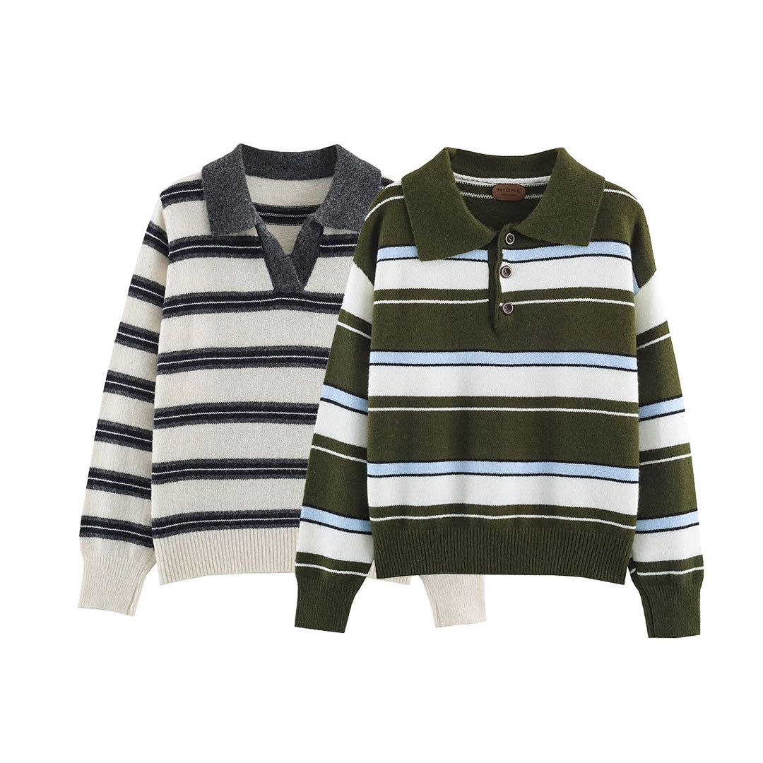 Damen Gestreifter Polokragen-Pullover mit Knopfleiste und Rippbündchen Echoarchiv