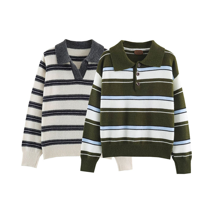 Damen Gestreifter Polokragen-Pullover mit Knopfleiste und Rippbündchen Echoarchiv