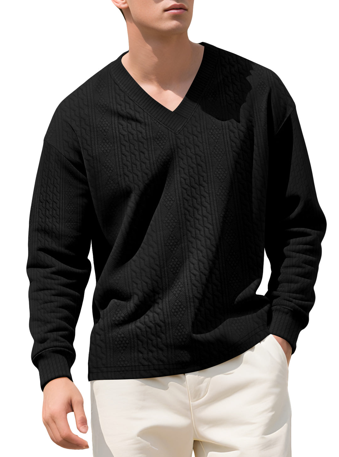 Herren nan strukturierter V-Ausschnitt Strickpullover mit Kabel- und Wabenmuster Echo Archiv