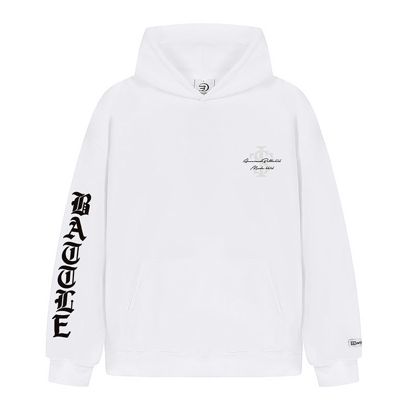 Unisex Oversize-Kapuzenpullover mit Gothic-Ärmelprint und Kängurutasche Echoarchiv