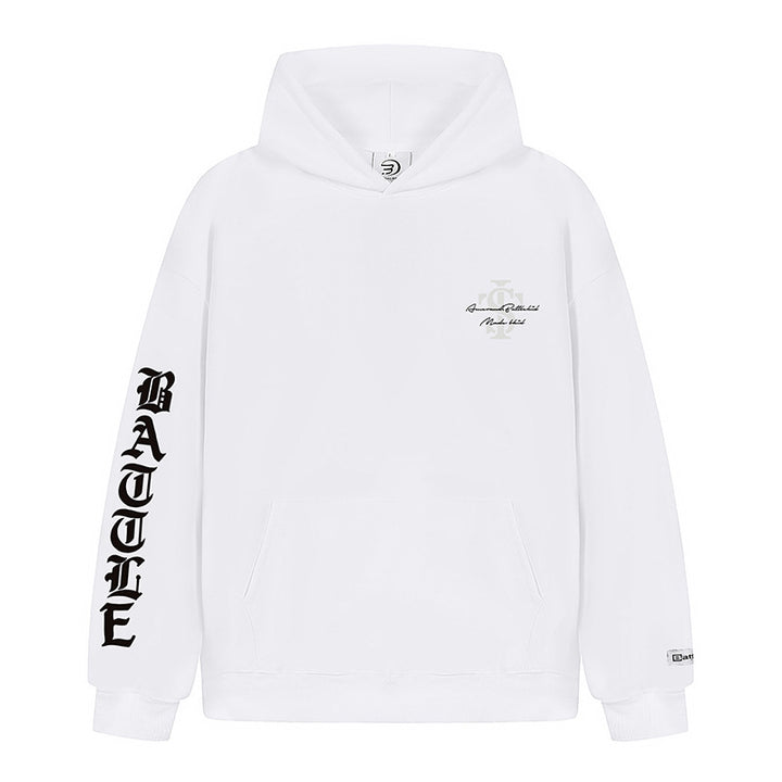 Unisex Oversize-Kapuzenpullover mit Gothic-Ärmelprint und Kängurutasche Echoarchiv