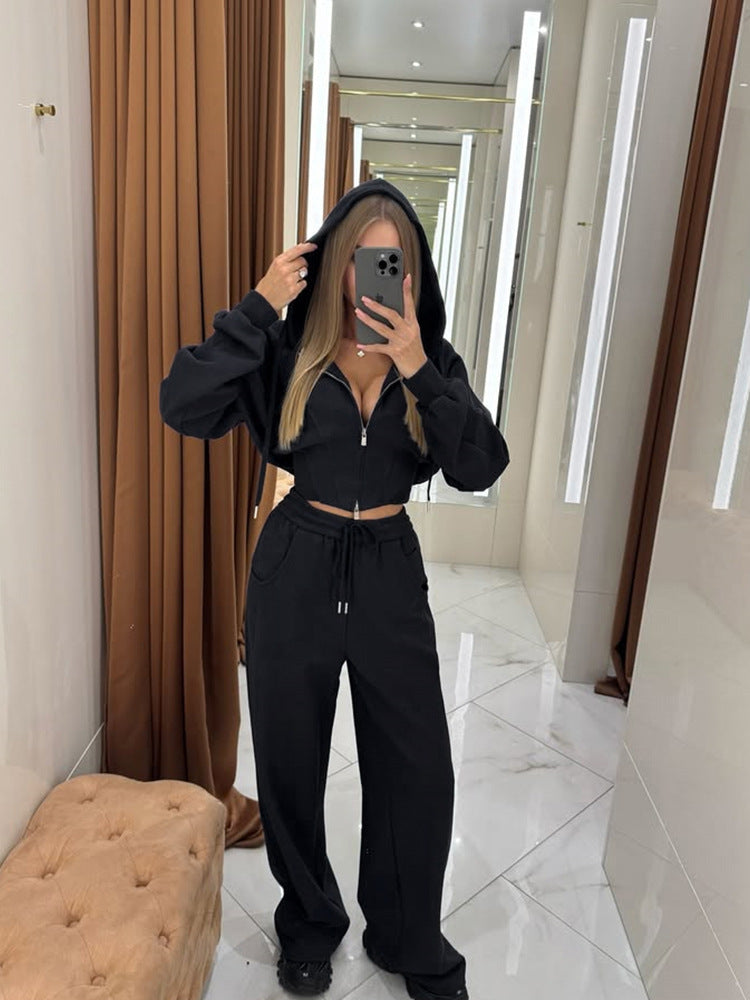 Damen nan kurzes Zip-Hoodie-Set mit Ballonärmeln und Highwaist Weitbein-Loungehose Echo Archiv
