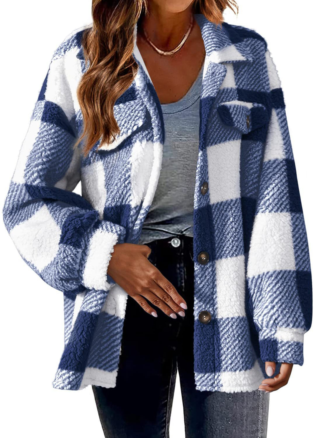 Damen nan kuschelige Sherpa-Karo-Übergangsjacke mit Brusttaschen und großzügigem Oversize-Schnitt Echo Archiv