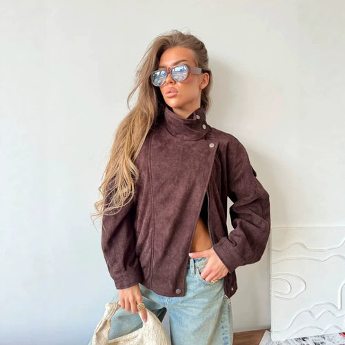 Damen Oversize Wildleder‑Optik Bikerjacke mit hohem Stehkragen Echoarchiv