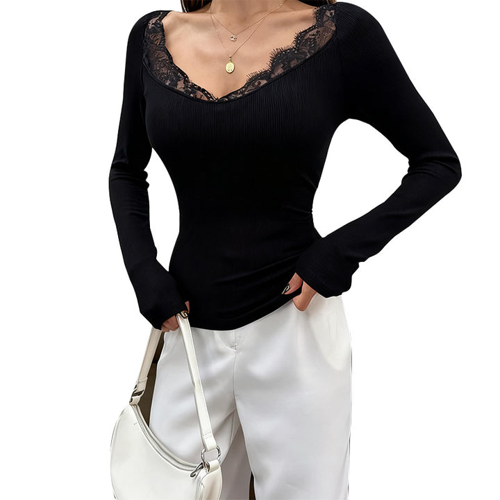 Damen Figurbetontes Langarmshirt mit Spitzen-V-Ausschnitt – Avérine