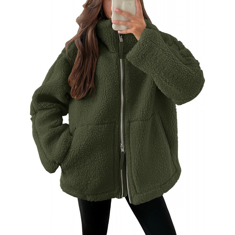 Damen Kuschelige Teddyfelljacke mit hohen Kragen und Reißverschluss Echoarchiv