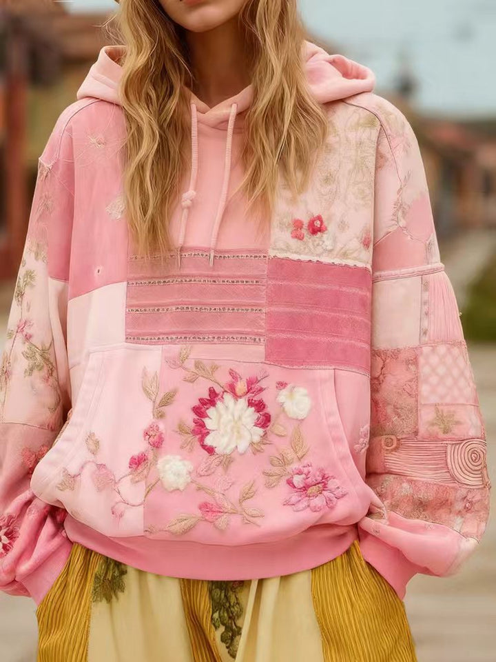 Damen Bestickter Patchwork-Kapuzenpullover mit Blumenapplikation und Kängurutasche – Auréline