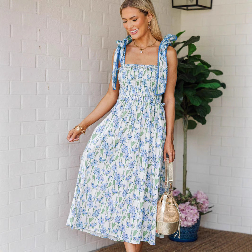 Damen Sommerkleid mit Raffung und schulterlangen Bindebändern Echo Archiv