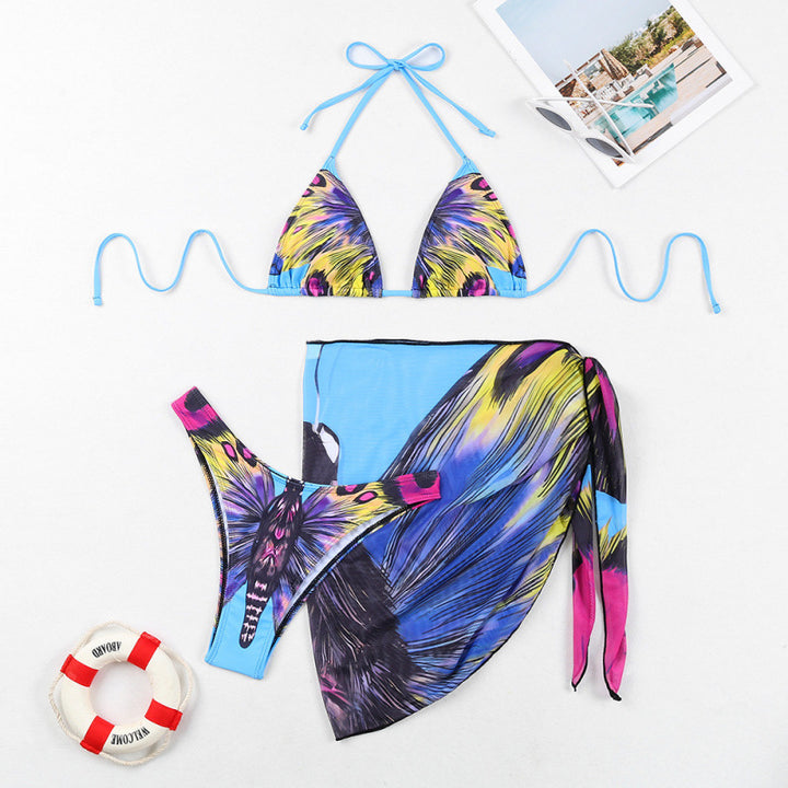 Damen Triangel-Bikini mit verspieltem Wickeldetail und buntem Tropenmotiv Echo Archiv